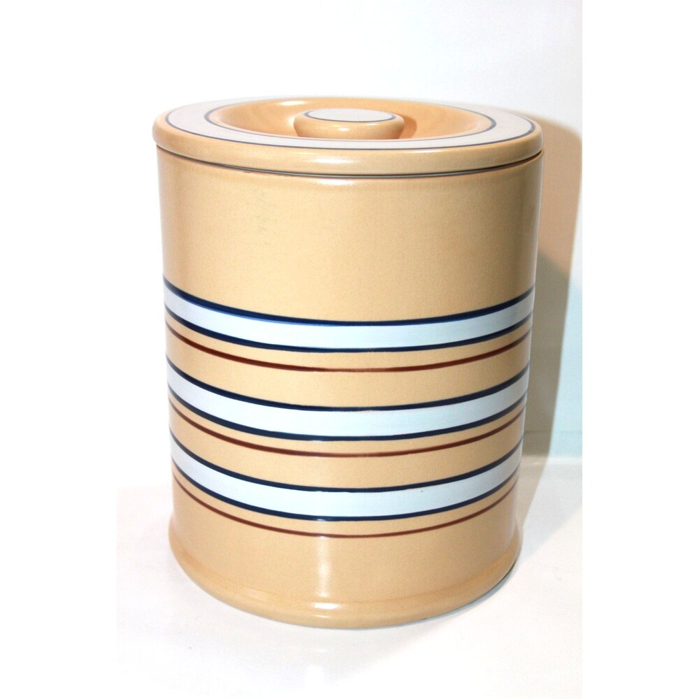 Home Yellow Ware Banded Canister Lid Blue White Stripe Storage Farmhouse 9” - Picture 4 of 9